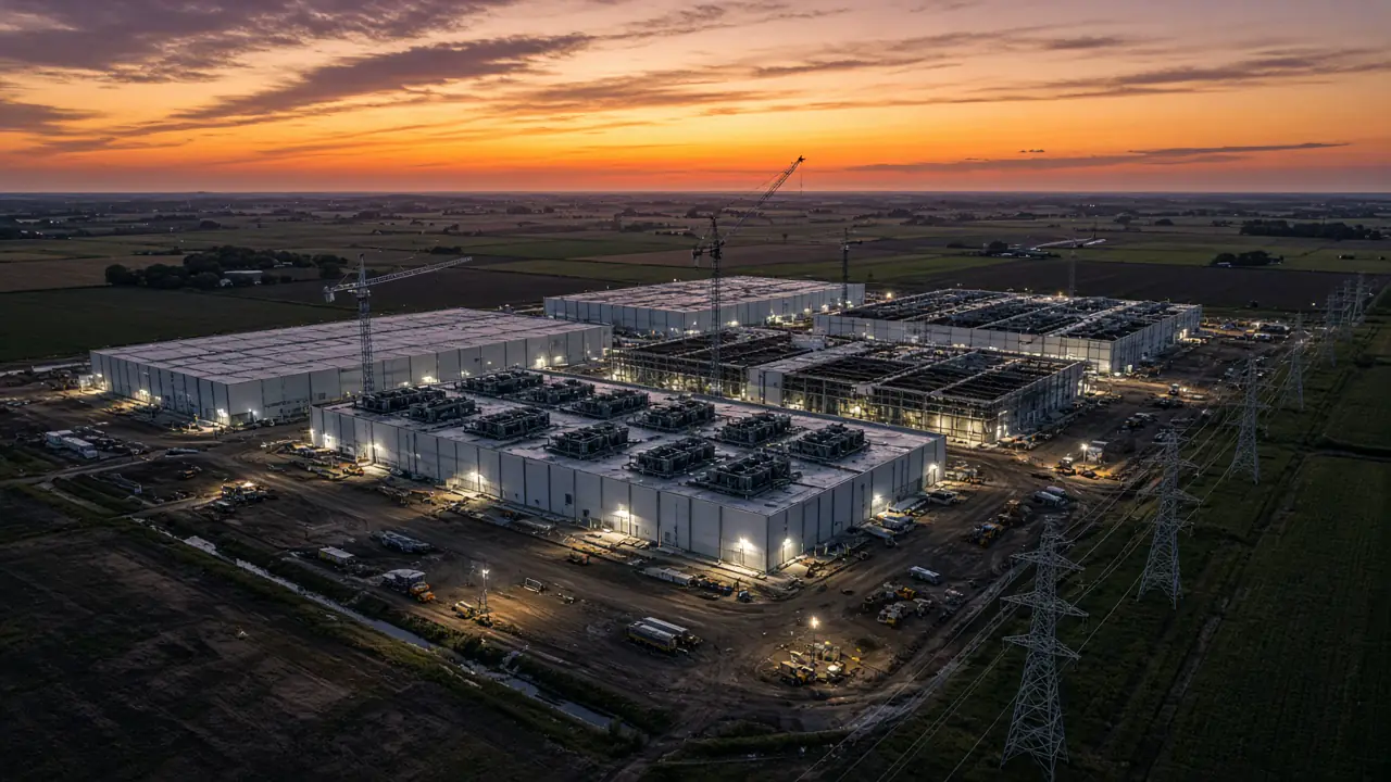 Aerial view at sunset of a large data-center campus under construction with cranes and transmission towers