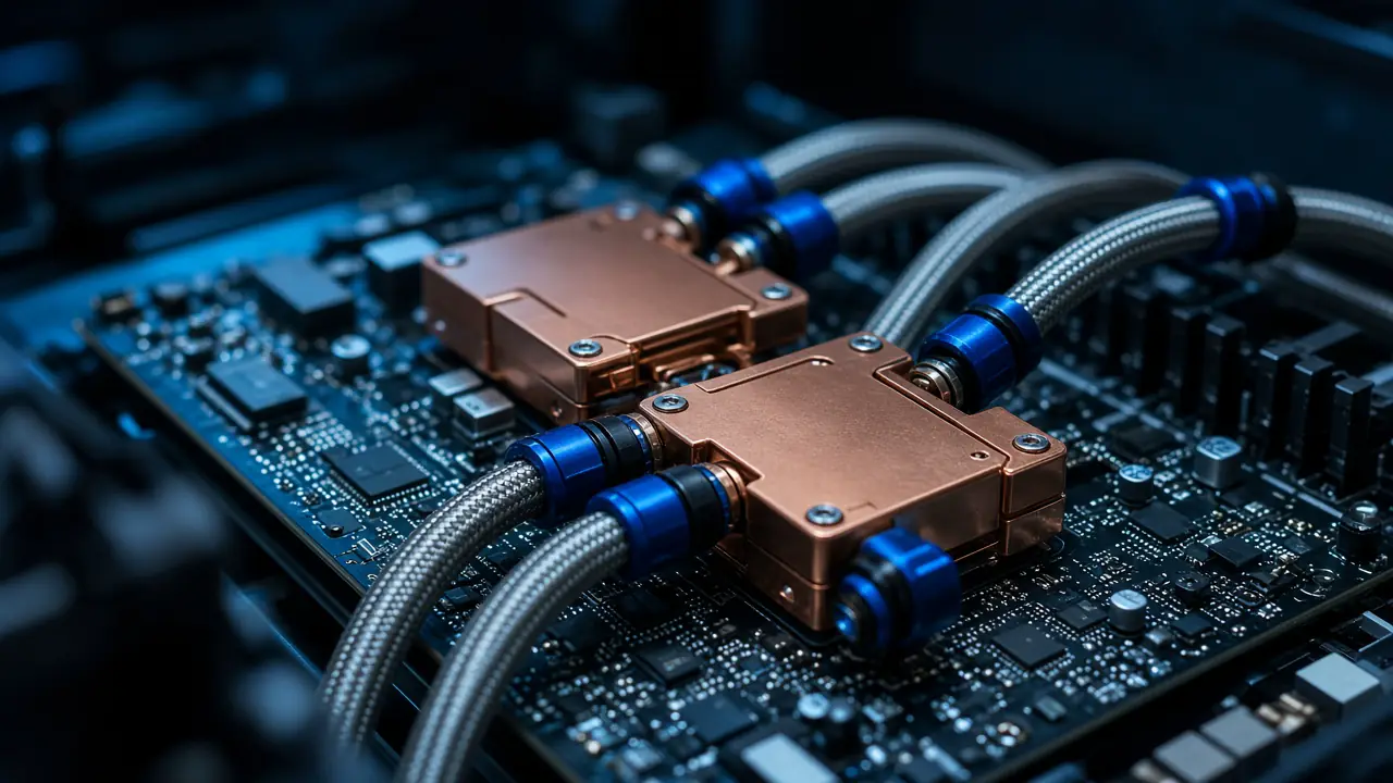 Close-up of copper cold plates and braided coolant hoses on an accelerator board