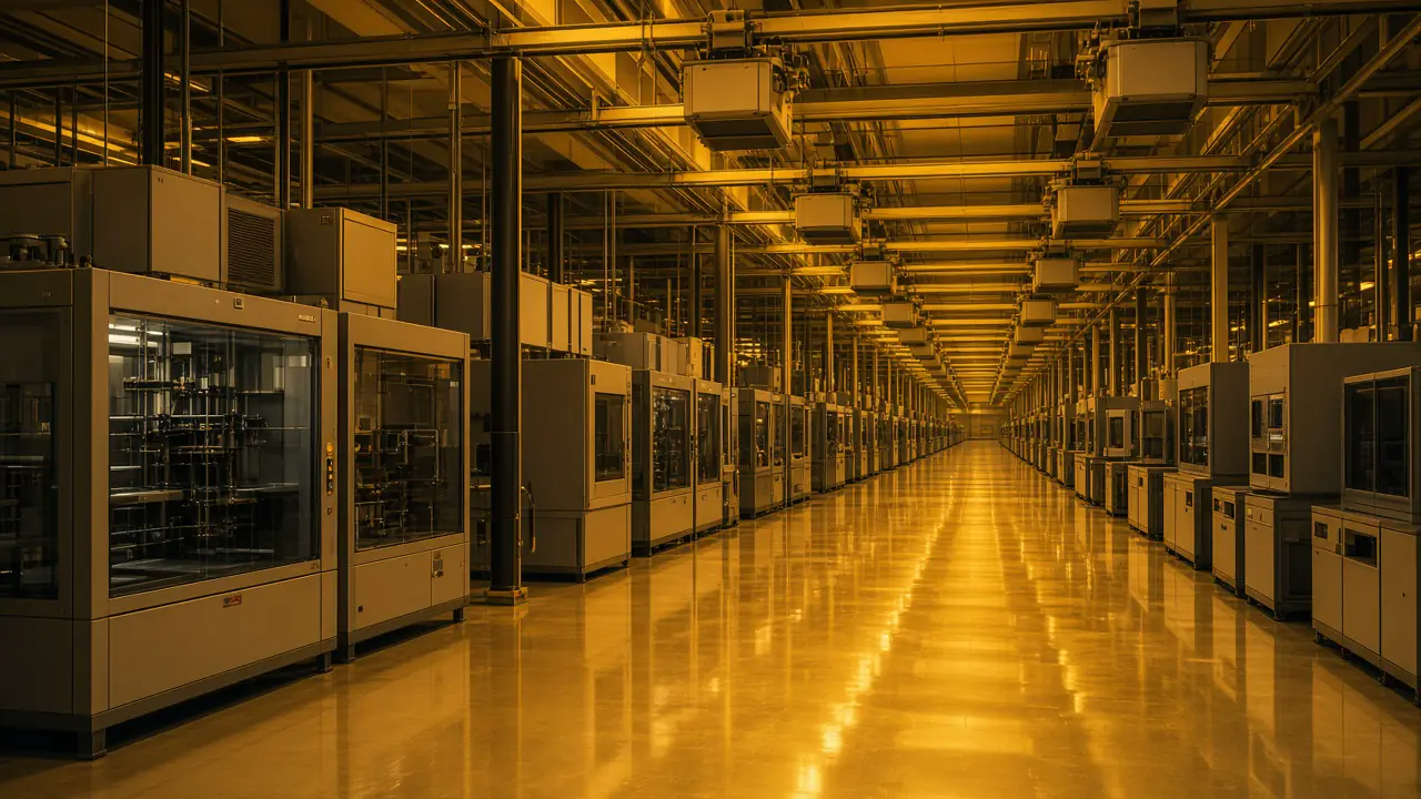 Long cleanroom corridor of chip-fabrication tool bays under amber lithography light