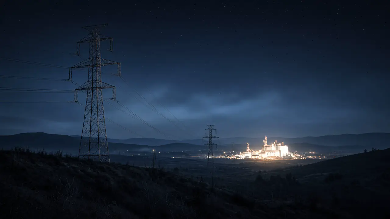 High-voltage transmission towers at night leading to a brightly lit industrial site